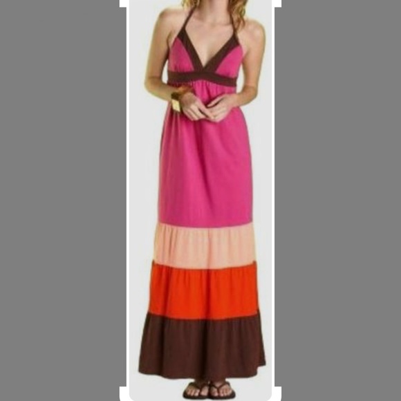 Roxy Maxi sun dress long halter style summer color block pink brown women size M - Picture 13 of 16